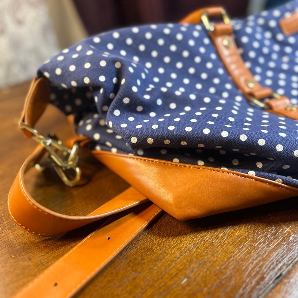 Stylish Navy Polka Dot Travel Bag with Tan Details​ - Picture 3 of 12
